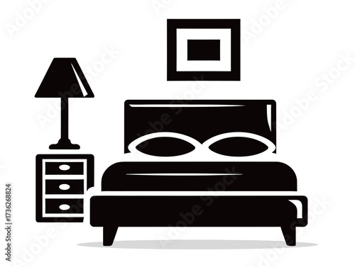 A sleek bedroom setup is shown with a stylish bed, matching nightstand, and lamp. The decor emphasizes clean lines and minimalism in black and white.