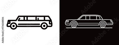 Two luxury vehicles are depicted in a minimalist line art style. One is a limousine on a white background and the other is a sedan on a black background.