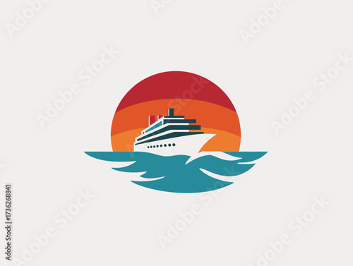 A cruise ship glides smoothly on the ocean, silhouetted against a colorful sunset that features warm hues. The scene captures a sense of tranquility and adventure.