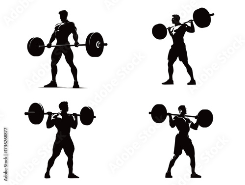 Four distinct silhouettes show strong athletes lifting weights in different positions. The scene captures the intensity and focus typical of a gym environment.