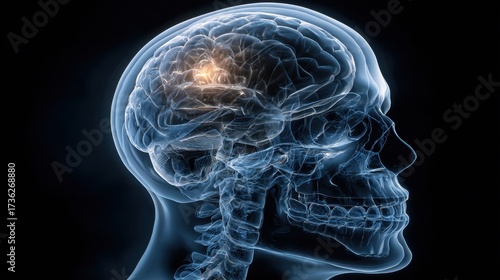 Transparent Human Head X-ray Showing Brain Activity, Medical Illustration, Dark Background.