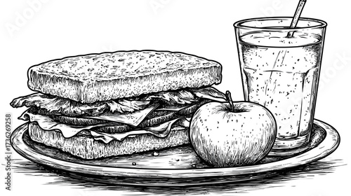 Hand-drawn vintage style meal illustration: hearty sandwich, fresh apple, and a refreshing drink on a plate. Classic black and white line art.