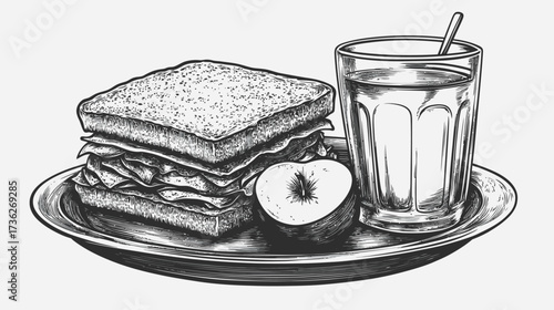 Black and White Engraving of Nutritious Lunch: Stacked Sandwich, Half Apple, and Glass of Drink on a Plate, Vintage Style