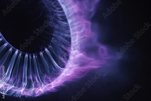 Abstract eye-like form with purple and blue smoky aura against black