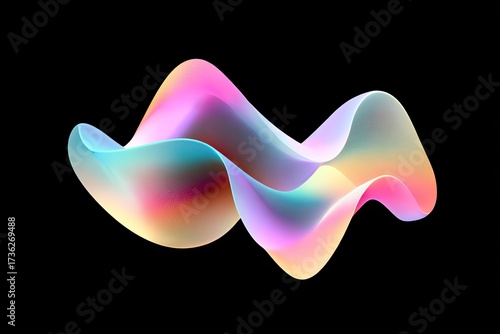 Abstract, flowing, colorful wavy shape against a black background
