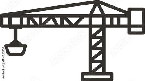 Outline icon of a tower crane with a bucket, symbolizing construction, building development, and heavy industry projects