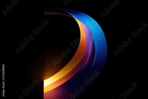 Abstract half-circle design with colorful layered ribbons against black background