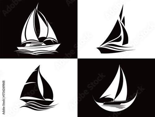 Four unique sailboat designs are displayed in black and white. Each design features distinct shapes and sails, showcasing a blend of artistic styles in a striking arrangement.