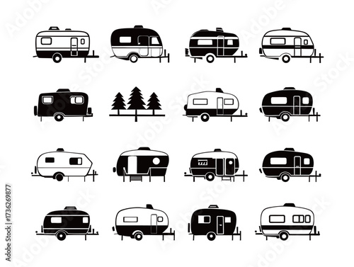 Multiple black and white travel trailers are arranged in a grid pattern. Each camper shows unique designs, complemented by simple tree outlines, depicting outdoor life.