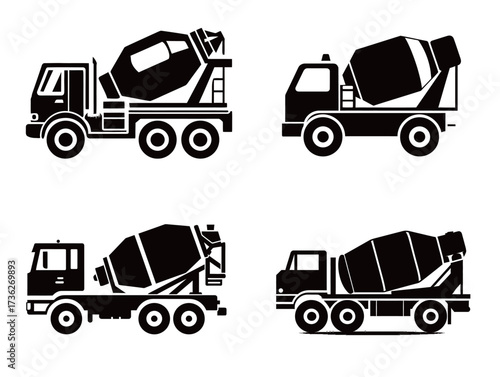 Four distinct models of concrete mixer trucks are displayed, each with unique shapes and sizes, designed for delivering concrete to construction sites efficiently.