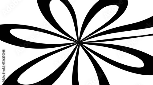 Dynamic black and white abstract pattern with radiating curved lines, creating an optical illusion. Minimalist graphic design element, starburst or stylized floral shape.