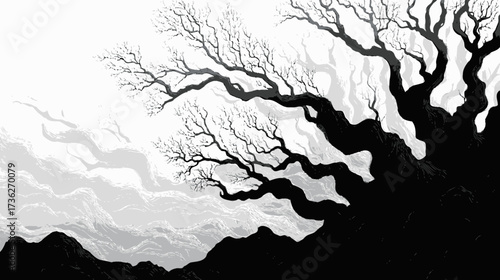 Dramatic monochrome illustration of a gnarled, ancient bare tree with twisted branches against a misty, atmospheric background, strong contrast.