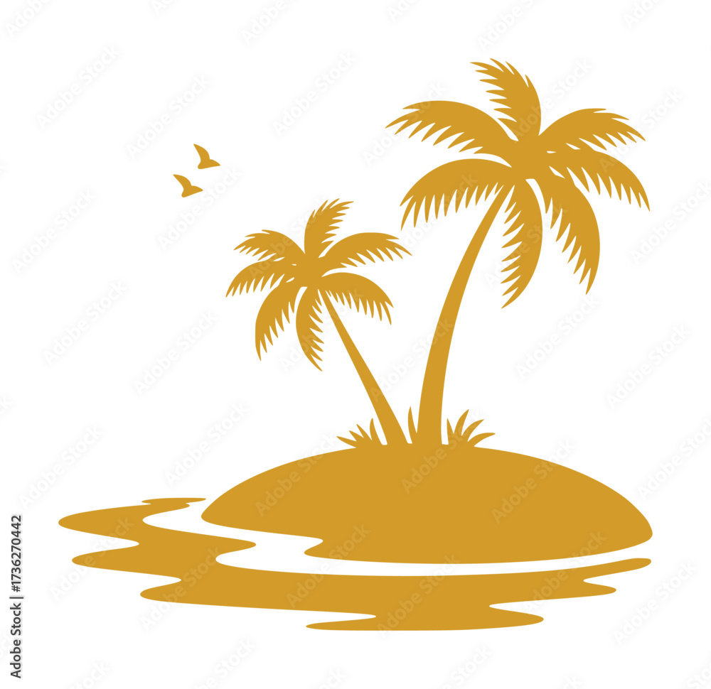Fototapeta premium Golden Silhouette of a Tropical Island with Palm Trees and Birds