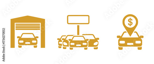 Icons representing car dealership, car lot, and car purchase location