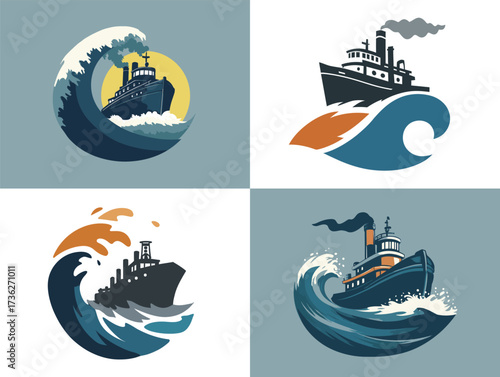 Vibrant illustrations show various ships bravely sailing through dynamic waves. Each design captures distinct styles and color schemes, showcasing maritime themes.