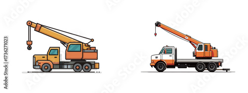 Two cranes mounted on trucks are displayed, showcasing distinct styles and features. These vehicles are essential for heavy lifting at construction sites.