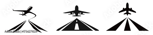 Three distinct aviation symbols depict an airplane taking off, an airplane in flight, and a runway. These designs reflect motion and the world of aviation clearly.