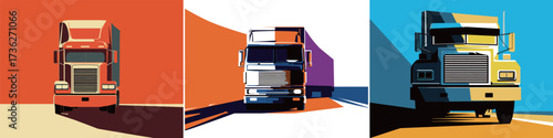 Brightly colored graphic representations of trucks highlight their importance in transportation. Each truck is depicted against a vibrant background, showcasing modern design.