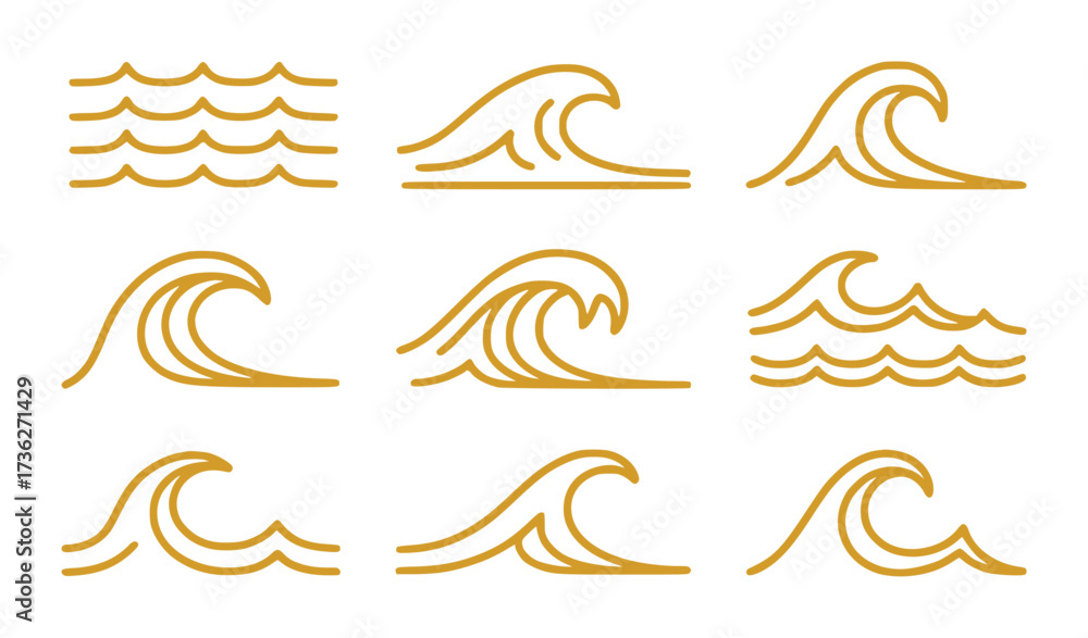 Fototapeta premium Set of Golden Wave Icons and Illustrations