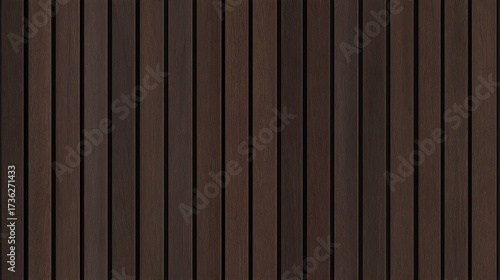 SEAMLESS wall panel pattern, slim vertical slats in dark brown wood with natural fluted texture, modern interior background for home & office, decorative accent wall or acoustic panel design.