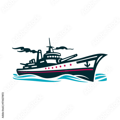 Vintage Warship Illustration, Navy Day Graphic Dia de la Armada June 1 Steel-gray warship profile with a single cannon
