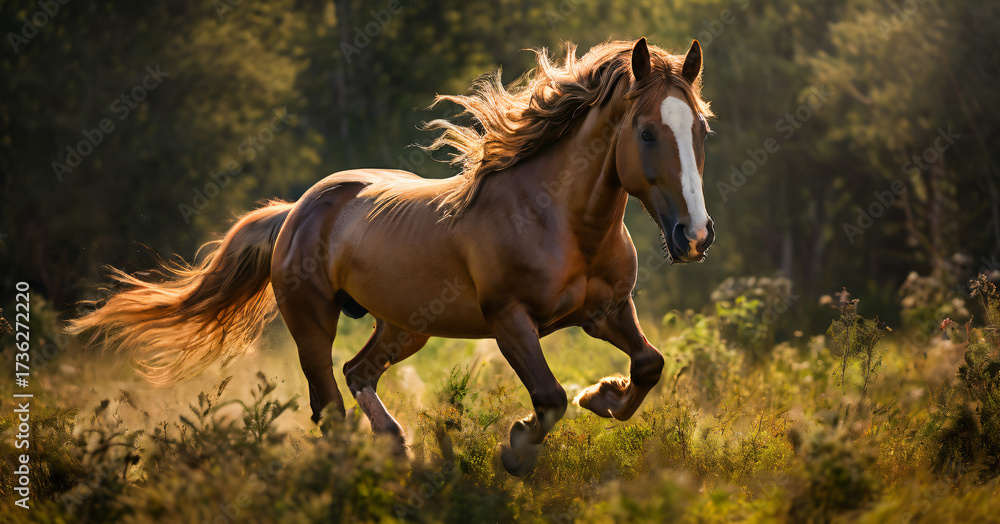Obraz premium There is a brown horse that running in the grass design gesture elements composition layers motion illustration scene expression cartoonish creative colorful emotion style figure depth