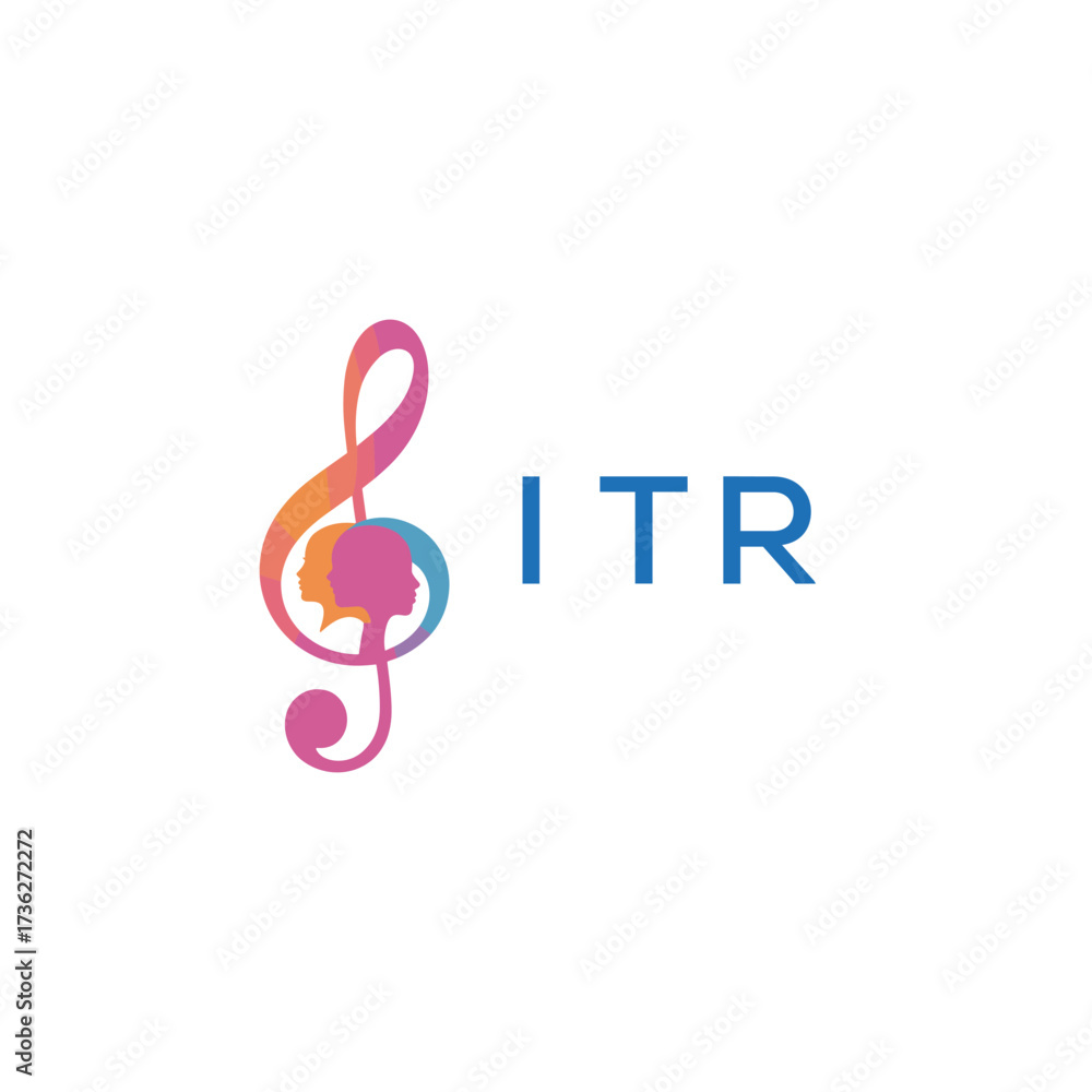 Fototapeta premium ITR “Creative music logo with human silhouettes and treble clef in gradient colors, ITR Later Logo, modern artistic design isolated on white background”ITR music logo, ITR treble clef, human ITR si