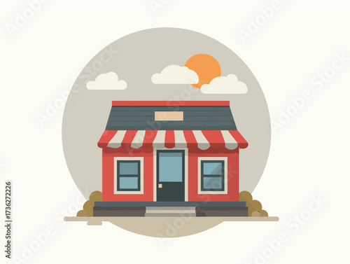 A cheerful red building features a striped awning and sits amid shrubs. The sun shines brightly against a soft sky, enhancing the inviting atmosphere of the scene.