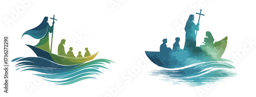 Two vibrant watercolor scenes show a group of people in a boat on the water, one with a religious figure. Both capture a serene and reflective atmosphere.