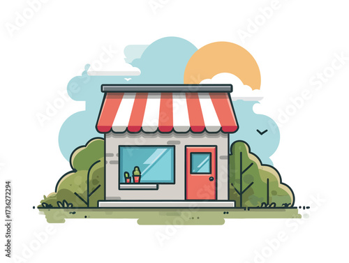 A quaint small store features a red and white striped awning and a welcoming red door. It is surrounded by lush greenery under a bright sunlit sky.
