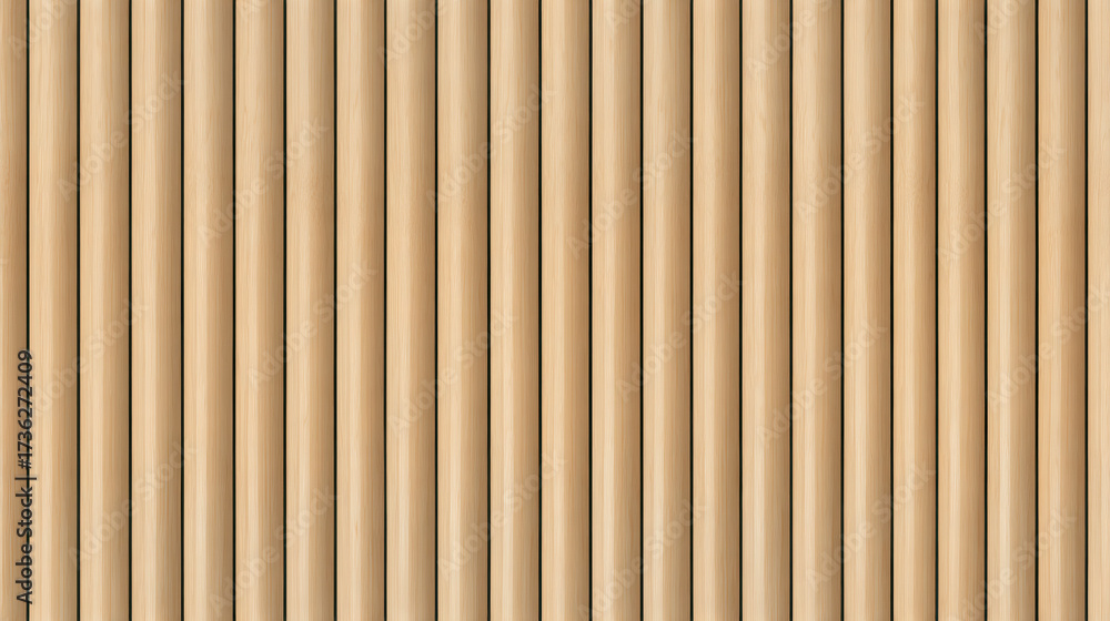 Obraz premium SEAMLESS wall panel pattern, slim vertical slats in light wood with natural fluted texture, modern interior background for home & office, decorative accent wall or acoustic panel design.