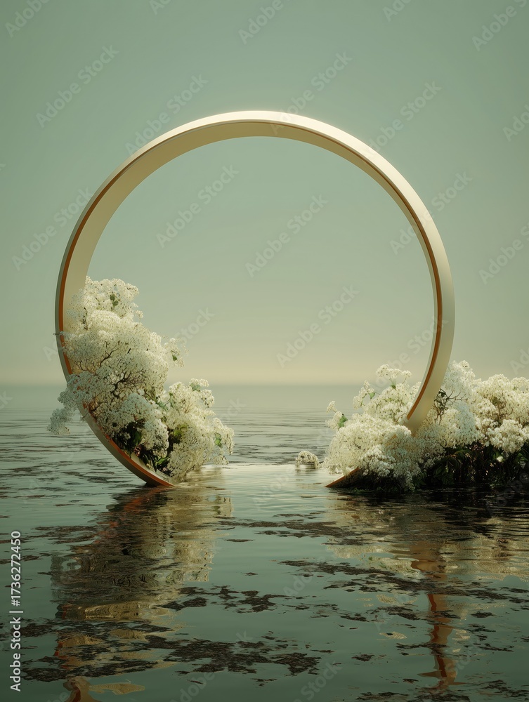 Fototapeta premium Abstract Circular Structure with White Blossoms Over Water for Modern Interior Design and Artistic Visuals