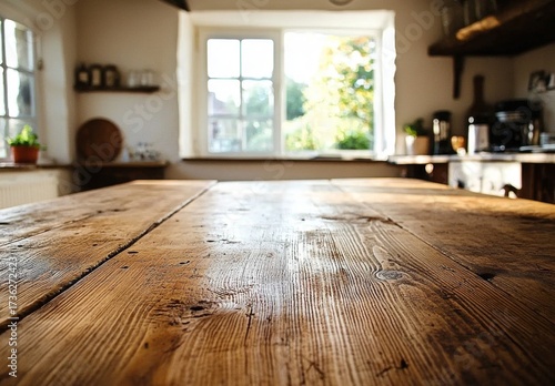 Elegant wooden tabletop displayed within a serene kitchen atmosphere.