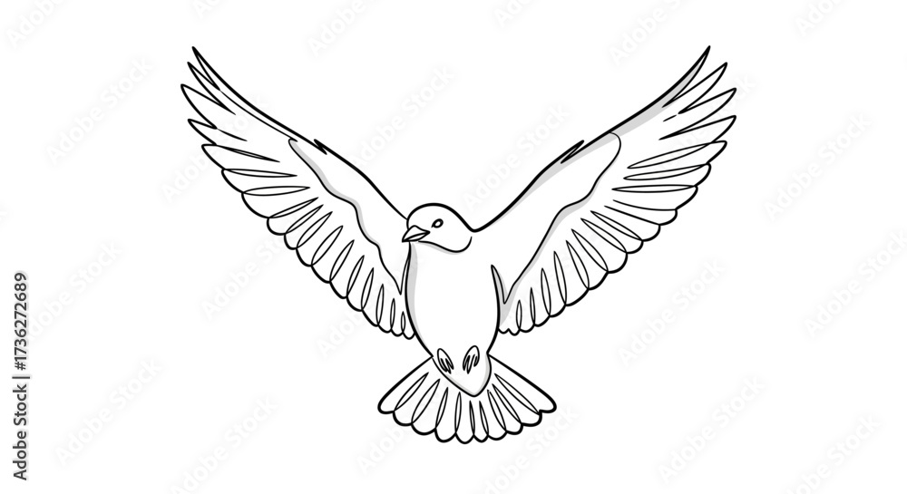 Obraz premium Detailed Line Art Depiction of a Dove in Flight, Captured with Precision, Showcasing the Bird's Graceful Wingspan and Feather Details