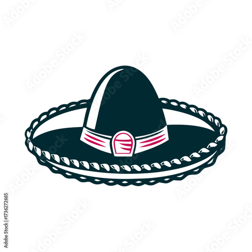 Charro Hat Vector Illustration, Mexican Culture Dia de la Charreada Charro Day Black charro hat with a silver buckle and braided trim