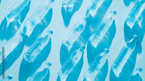 Rows of Transparent Plastic Water Bottles Arranged Diagonally on a Light Blue Background