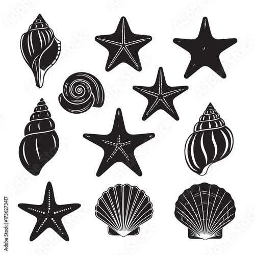 Set of different black sea shells and starfish silhouette vector.