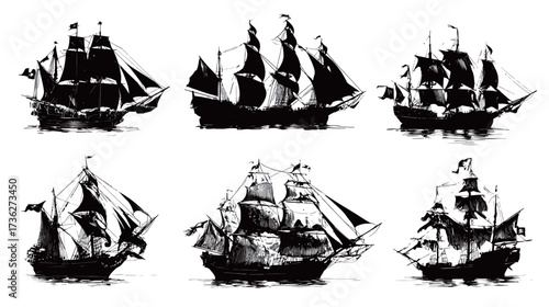 Various classic sailing ships with black sails glide across calm waters. The scene captures the serene beauty of sunset casting gentle light on the ships.