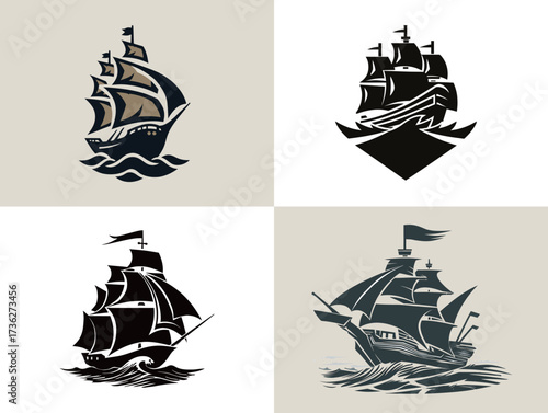 Four unique ship designs illustrate various artistic styles related to nautical themes. Each ship features distinct sails and settings, reflecting maritime culture.