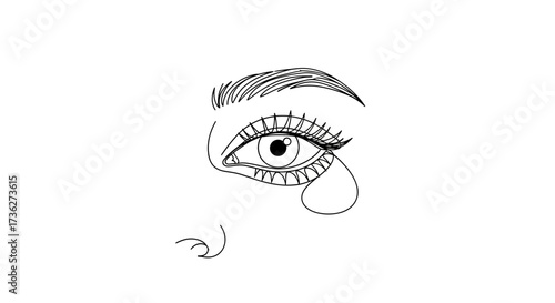 Delicate Line Art Illustration Close-up of an Eye with a Tear, Expressing Emotion and Vulnerability, Minimalist Style