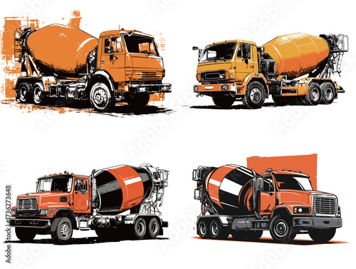 Four distinct orange cement trucks are displayed, featuring various designs and shapes. Each truck stands out with its vibrant color and construction attributes.