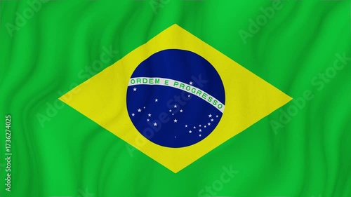 Brazil Flag Close-Up With Green Field, Yellow Diamond, And Blue Circle Emblem In Motion.