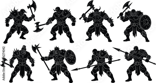 Armored warrior silhouettes, fantasy battle characters, medieval fighters, epic combat poses, weapon variety, horned helmets, spiked armor, sword, axe, shield