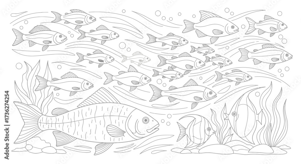 Fototapeta premium Black and White Illustration of a School of Fish Swimming in the Ocean A Coloring Page for Relaxation and Creativity