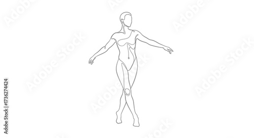 Line Art Illustration of a Graceful Female Figure in a Dancing Pose, Depicting Movement and Elegance on White Background