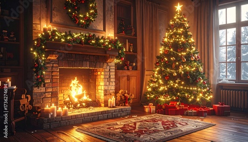 Wallpaper Mural Illuminated christmas tree with presents and fireplace in cozy home interior Torontodigital.ca
