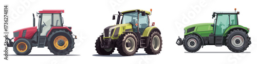 Three distinct tractors showcase vibrant colors and designs, ready for various agricultural tasks on a sunny day in the countryside.