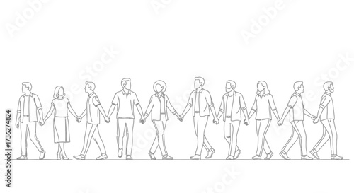 Line art illustration of diverse people holding hands, symbolizing unity, community, and togetherness with a minimalist style