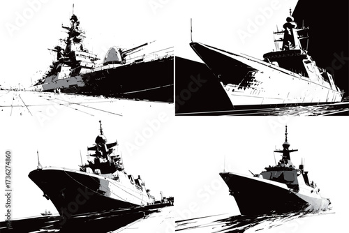 Four views of military ships are displayed docked at a port, emphasizing their impressive structures and maritime strength against a stark backdrop.