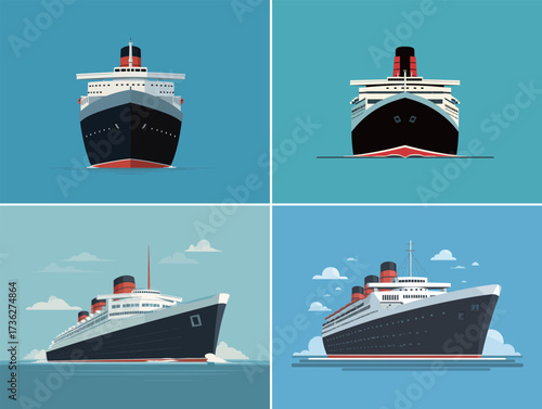 A large cruise ship is illustrated from four different angles against a bright blue background, highlighting its elegant design and prominent features.